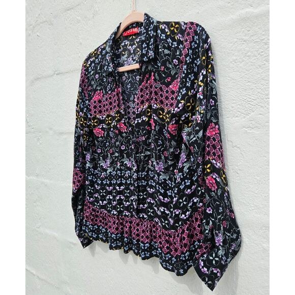 Josie Natori Pajama Top Womens Small Black Pink Floral Button Up Blouse Flowy - Picture 2 of 9